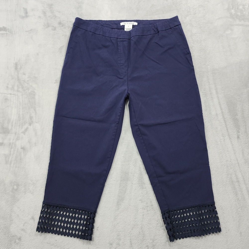 Zac & Rachel Pants Womens 12 Blue Twill Capri Crop Crochet Hem Pull On Stretch